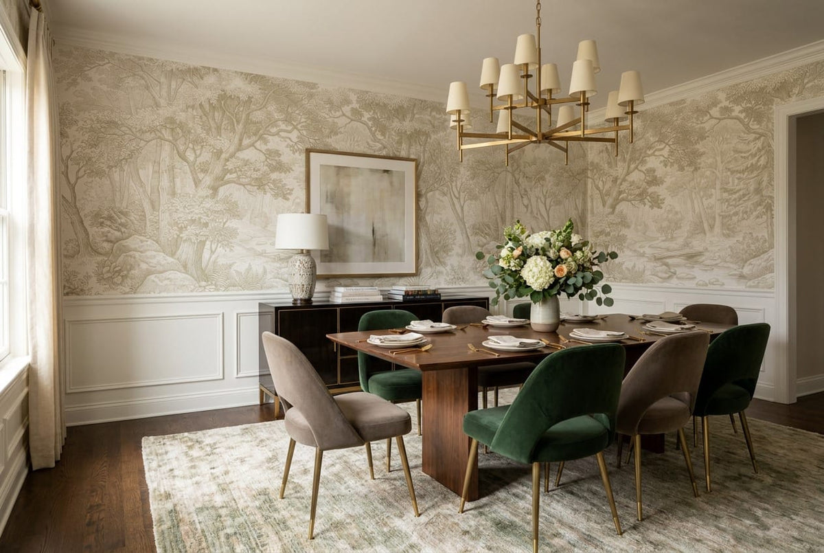 Olive Green Engraving European Forest Green Wallpaper Mural scene image