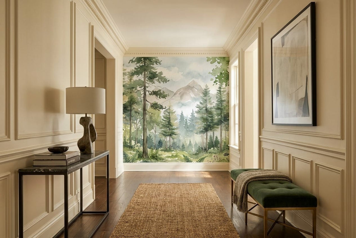 Forest Green Watercolor Alpine Forest Green Wallpaper Mural scene image