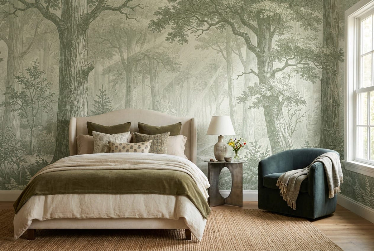 Soft Olive Engraving European Forest Green Wallpaper Mural scene image