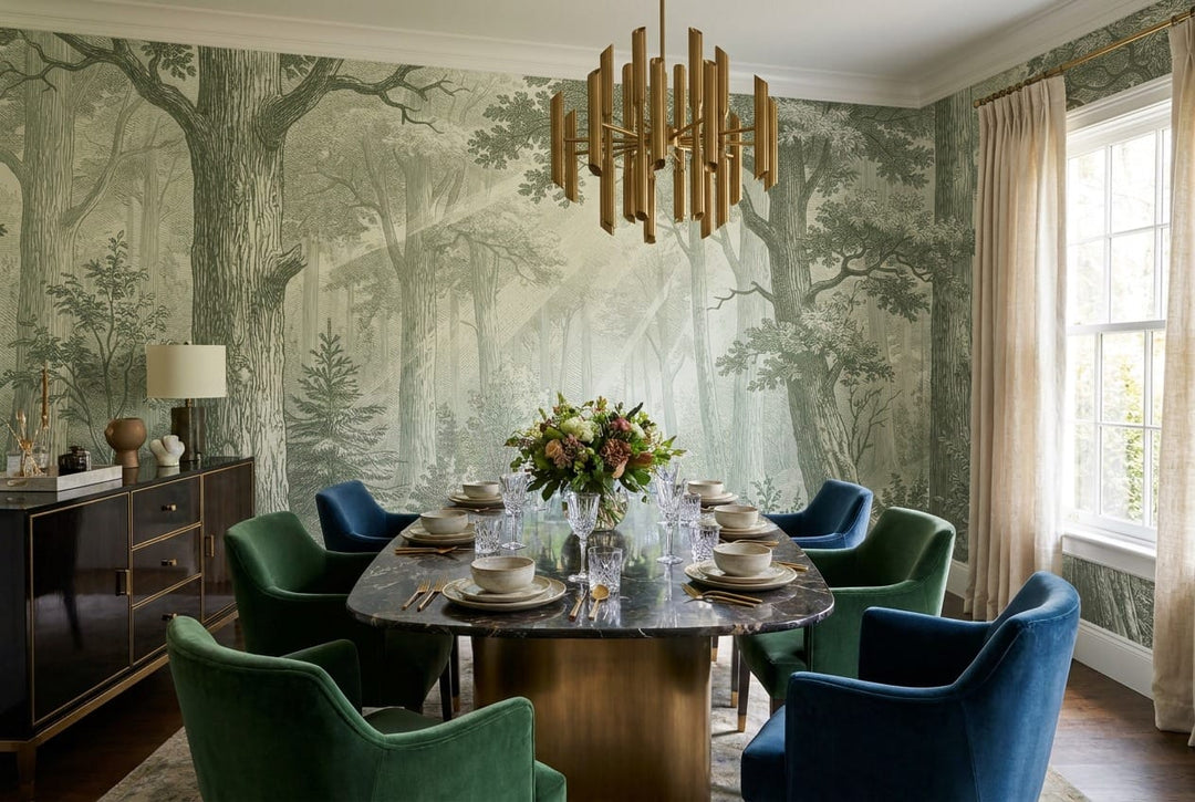 Soft Olive Engraving European Forest Green Wallpaper Mural scene image