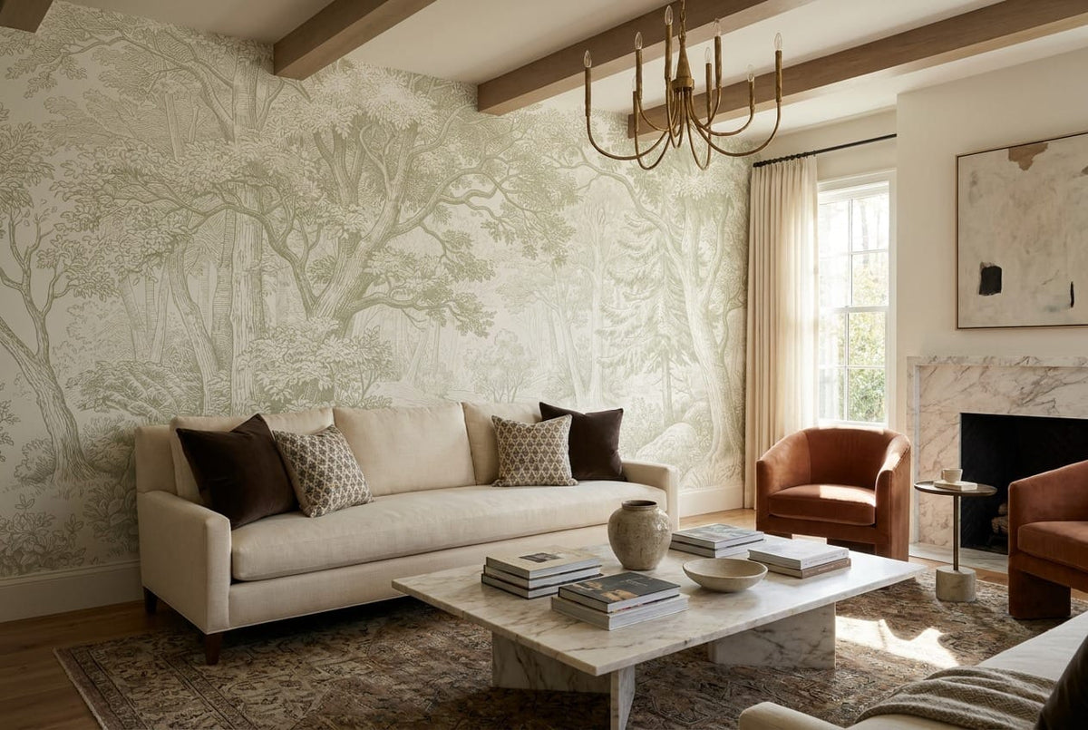 Olive Green Engraving European Forest Green Wallpaper Mural scene image