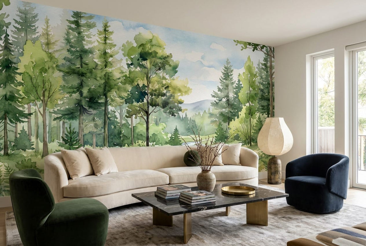 Fresh Green Watercolor Nordic Forest Green Wallpaper Mural scene image