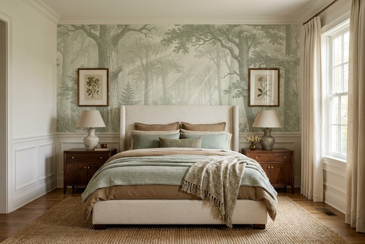 Soft Olive Engraving European Forest Green Wallpaper Mural scene image