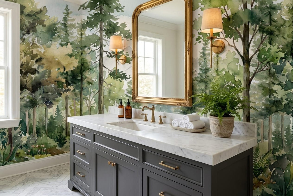 Forest Green Watercolor Alpine Forest Green Wallpaper Mural scene image
