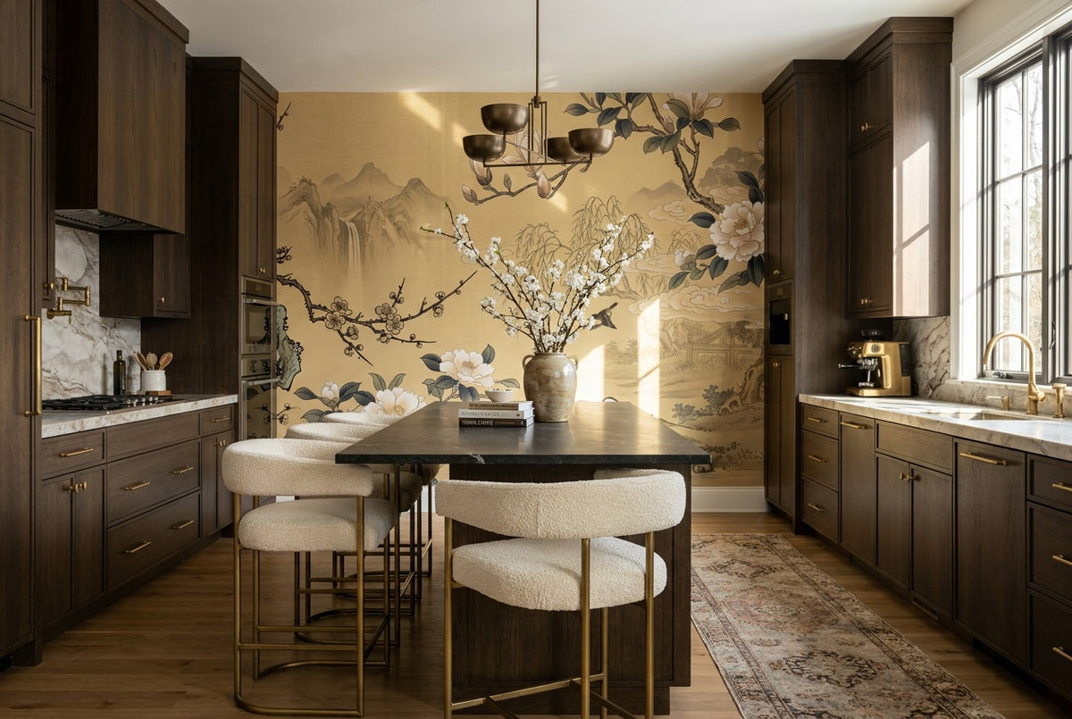gold flowers kitchen custom self adhesive non woven vinyl removable wallpaper mural