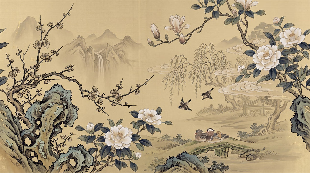 gold flowers wall custom stick on non woven vinyl removable wallpaper mural main