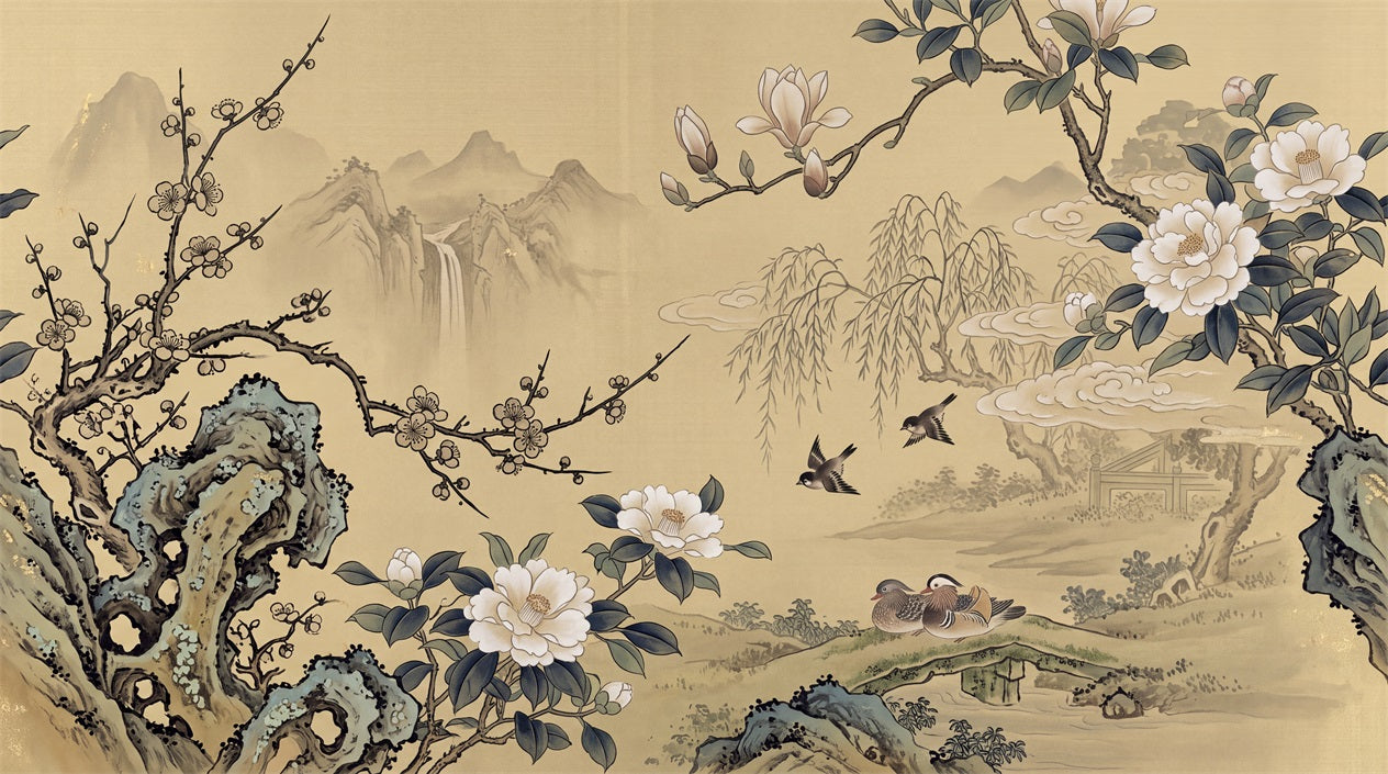 Ochre Flowering Mountain Garden Wallpaper Mural