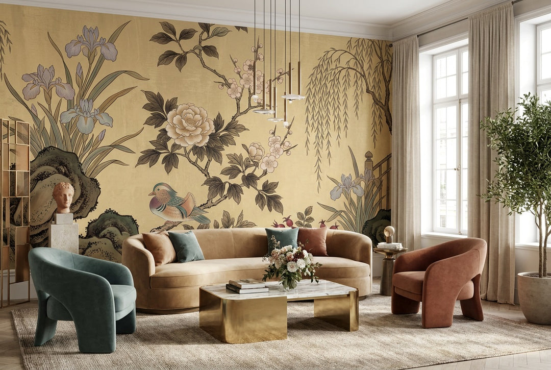 gold iris peony wallpaper mural custom self adhesive lounge removable non woven vinyl