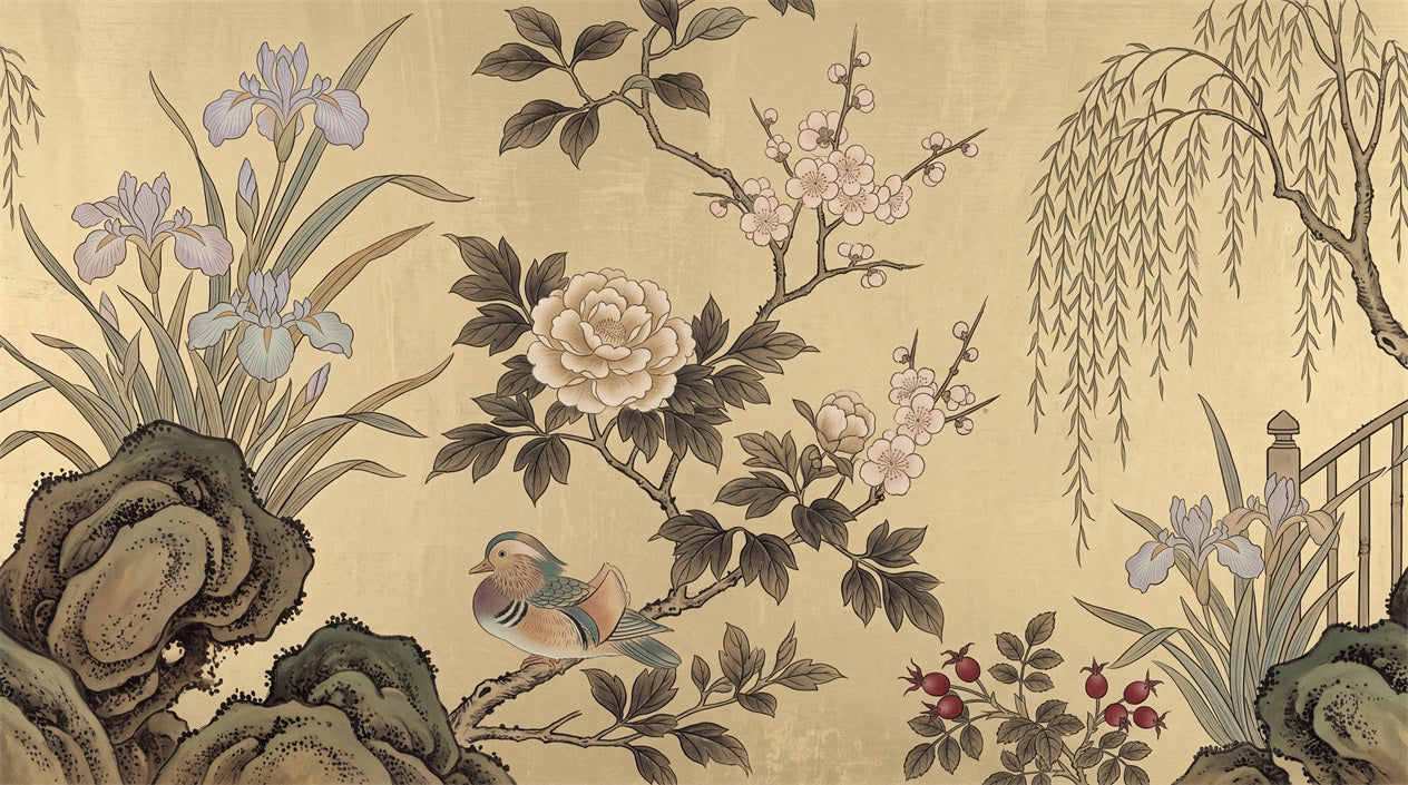 Golden Peony And Willow Garden Wallpaper Mural
