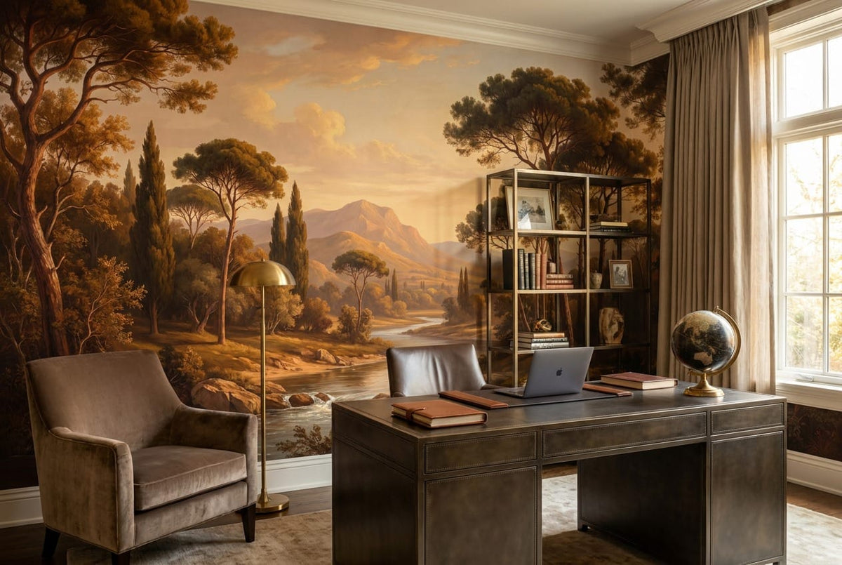Golden Brown Oil Painting Mediterranean Pine Tree Wallpaper Mural in gold