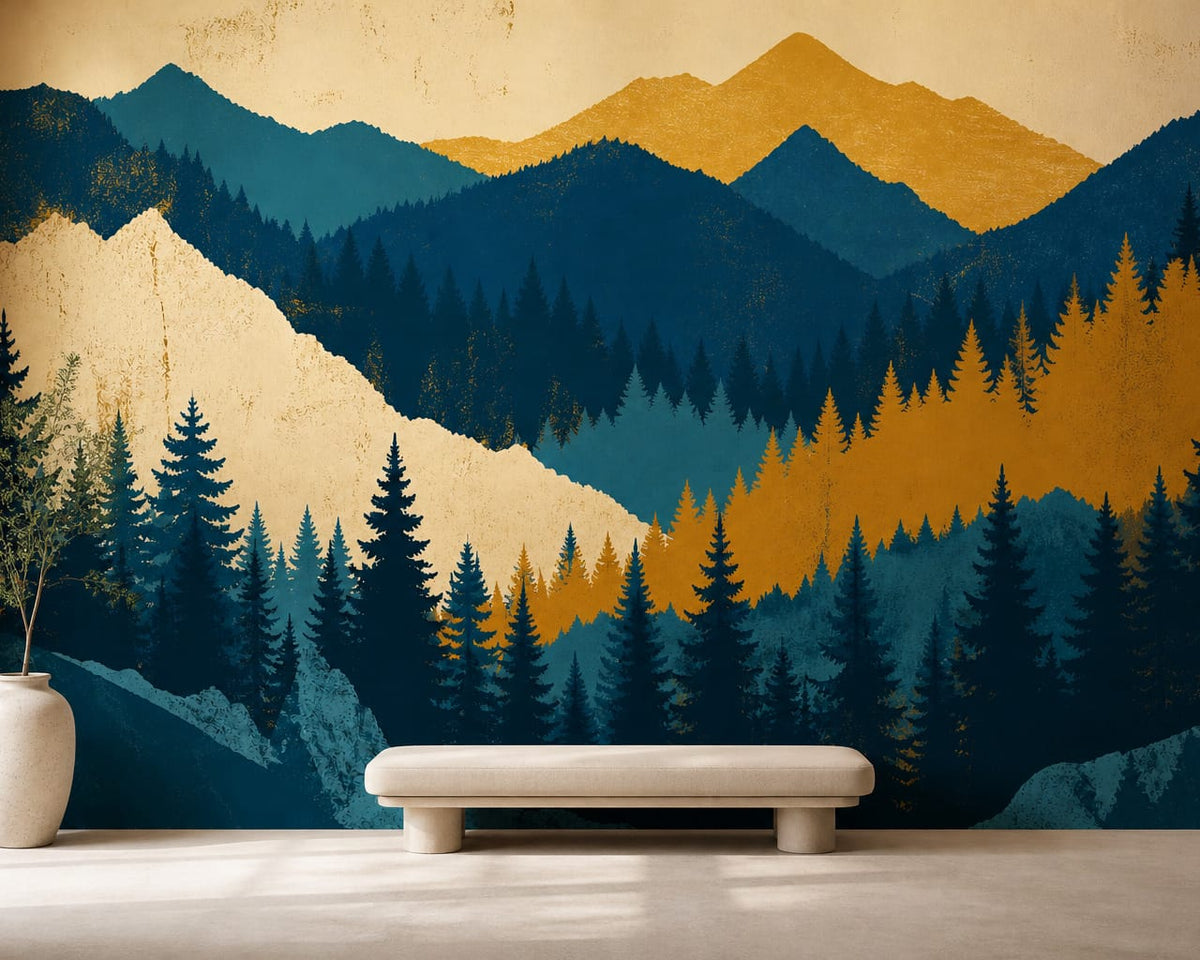 Golden Teal Pine Wallpaper Mural product view