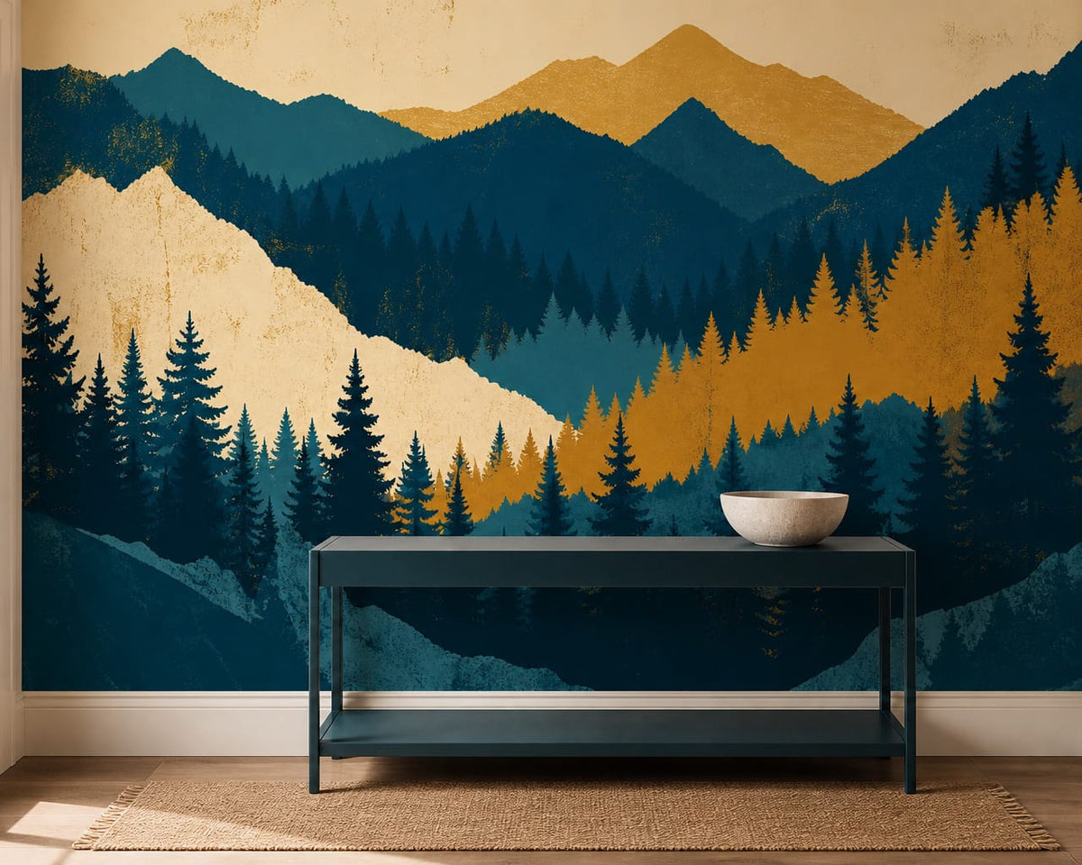 Golden Teal Pine Wallpaper Mural product view