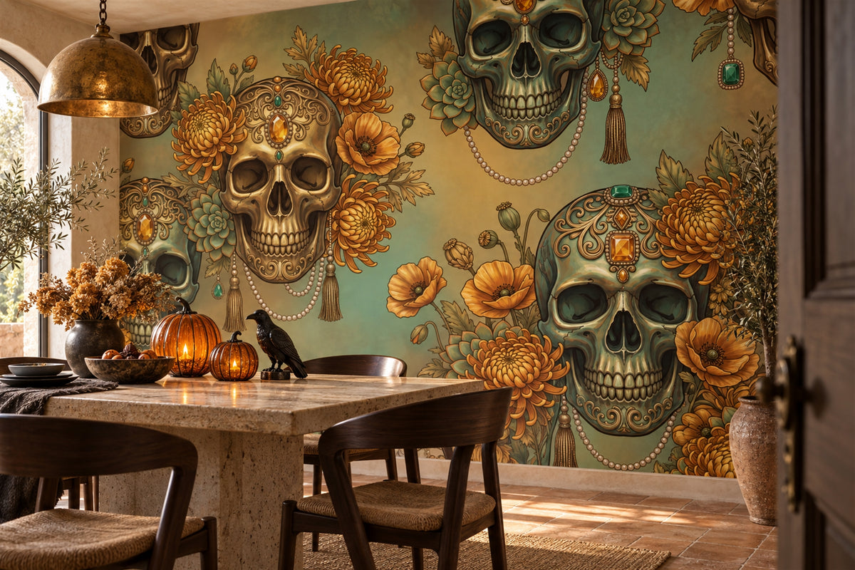 gothic gold skulls wallpaper mural dining custom removable non woven vinyl stick on