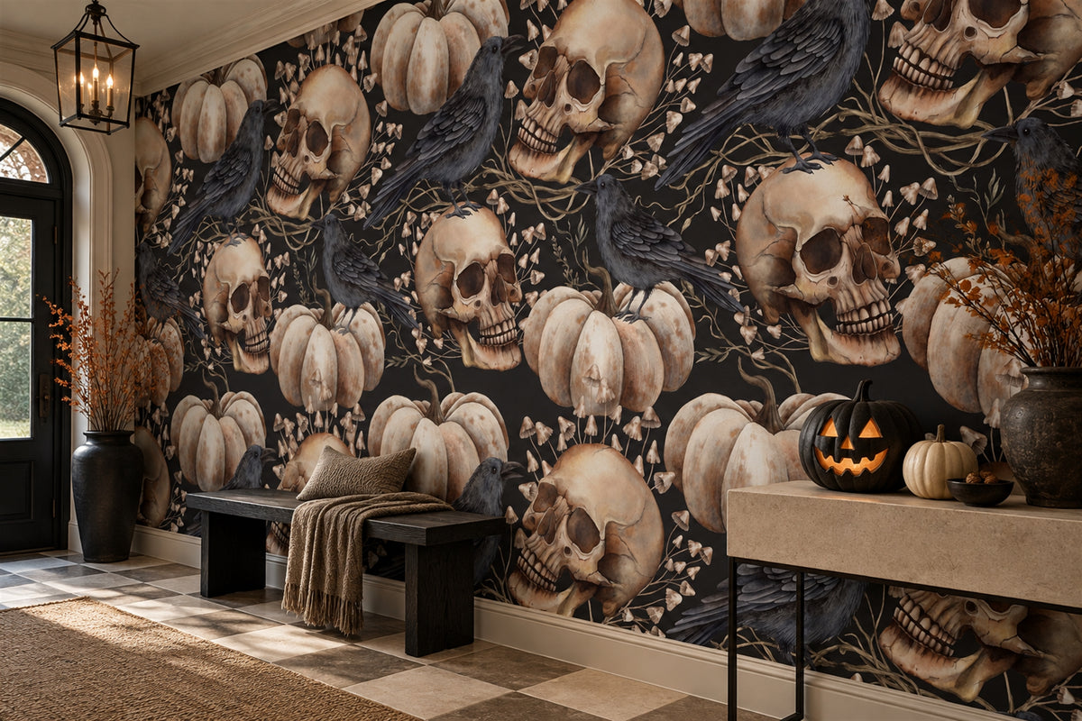gothic ivory skulls entryway custom stick on removable non woven vinyl wallpaper mural