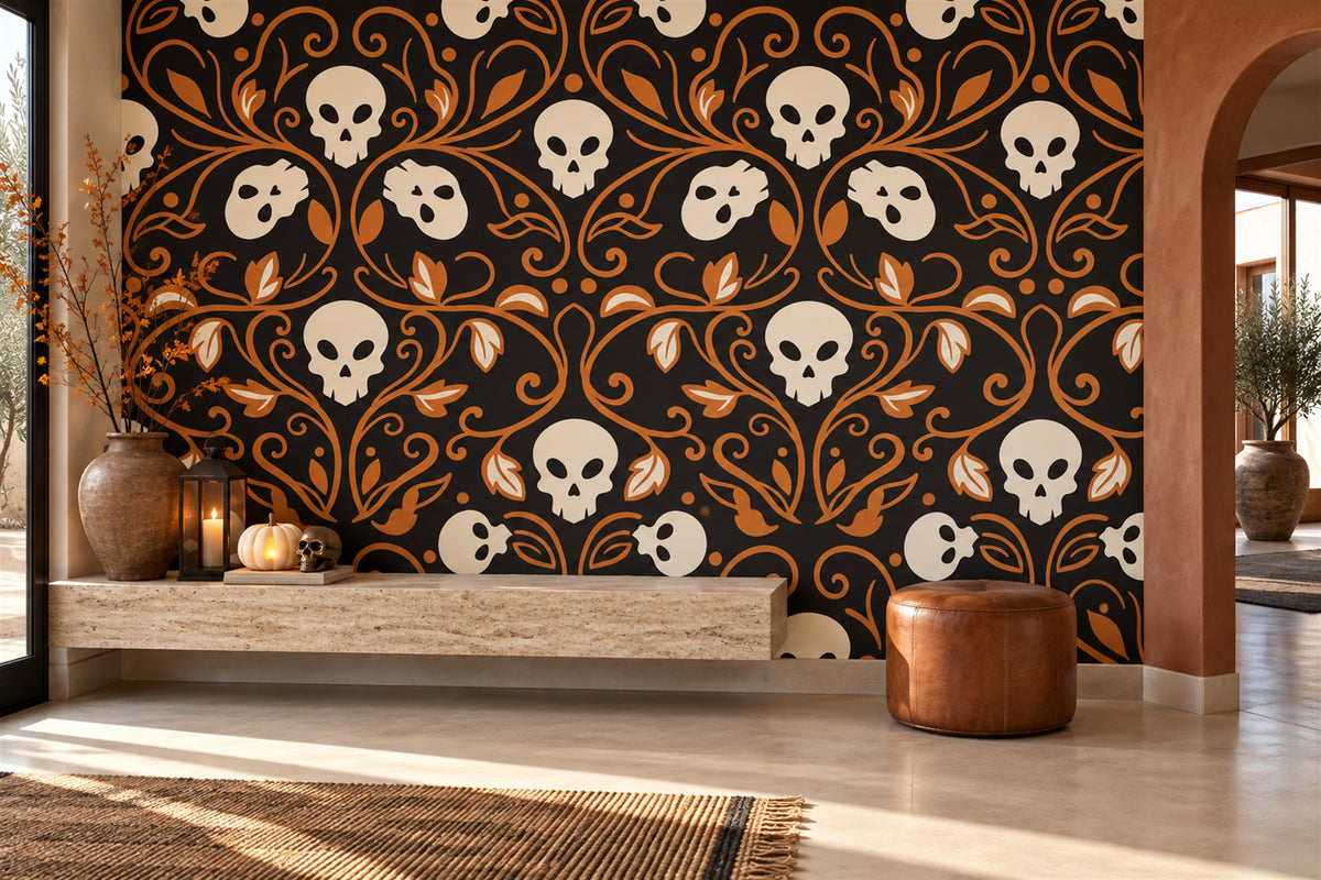 gothic orange skulls custom stick on wallpaper mural entry removable non woven vinyl