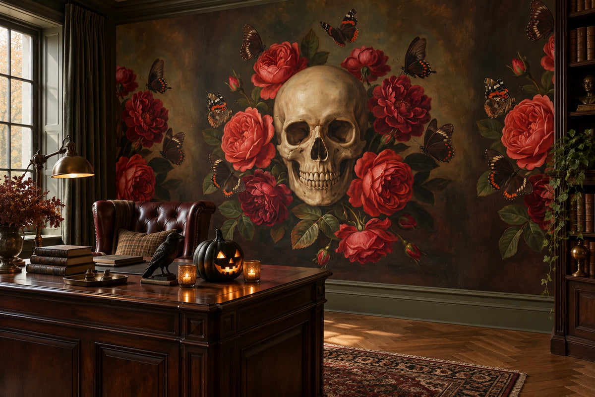 gothic red skull study custom peel and stick removable non woven vinyl wallpaper mural