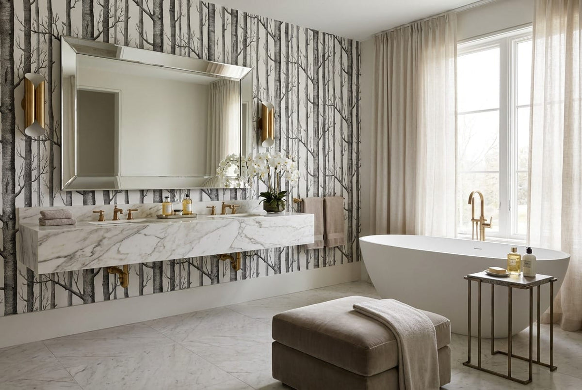 Light Gray Minimalist Nordic Birch Forest Wallpaper Mural in gray