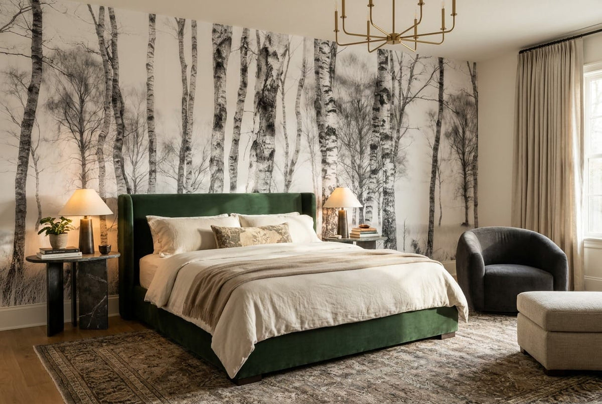 Cool Gray Watercolor Nordic Birch Forest Wallpaper Mural in gray