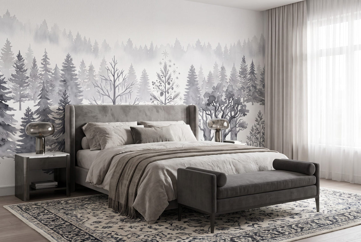 Mysterious Ice Gray Nordic Winter Forest Wallpaper Mural in gray