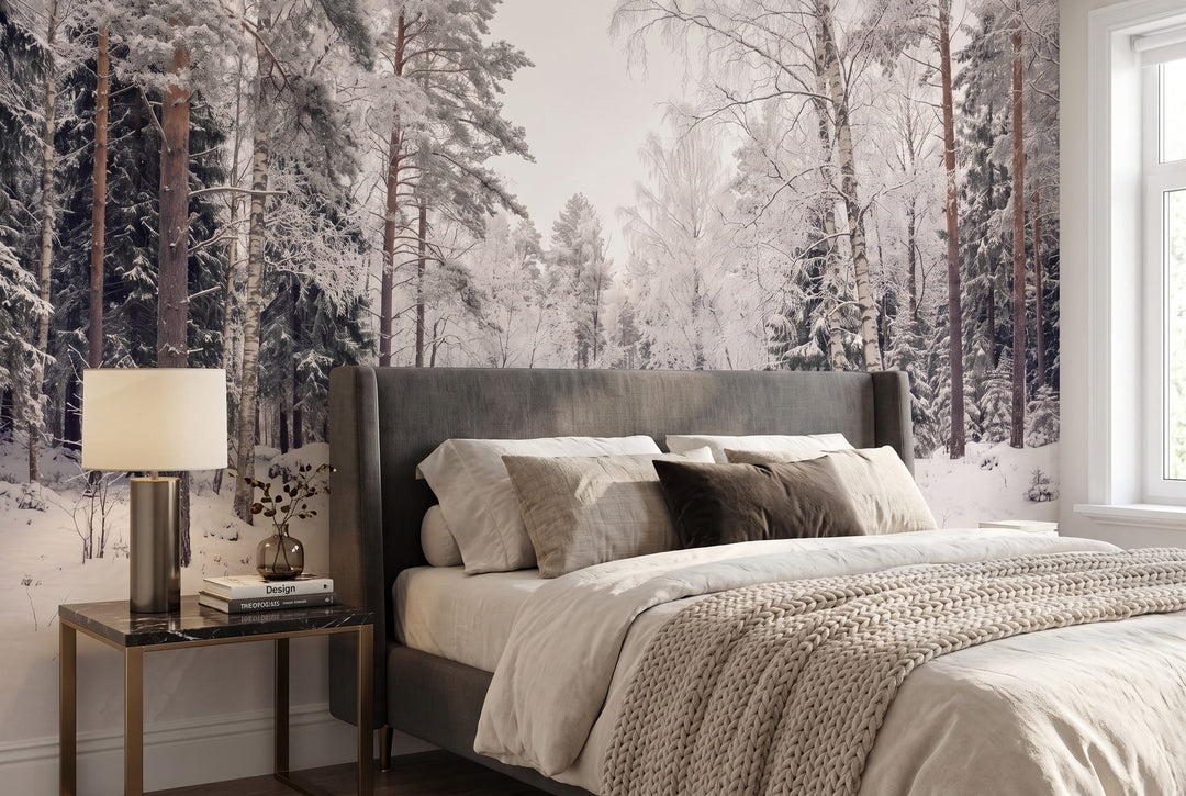 Ice Blue Nordic Pine Winter Forest Wallpaper Mural in gray