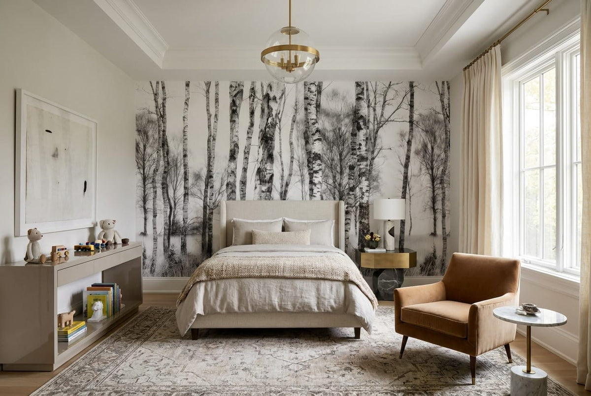 Cool Gray Watercolor Nordic Birch Forest Wallpaper Mural in gray