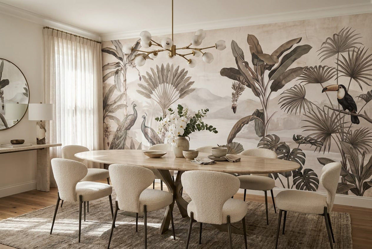 Peacock and Toucan Gray Jungle Wallpaper Mural in gray