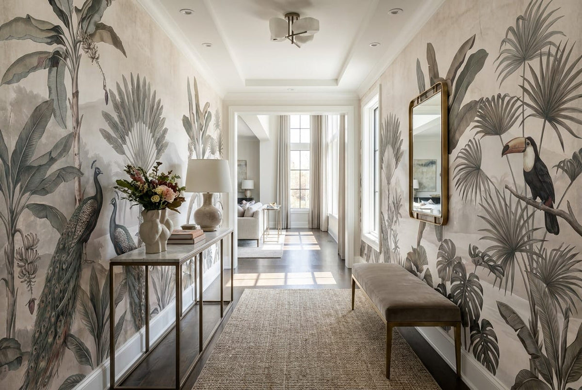 Peacock and Toucan Gray Jungle Wallpaper Mural in gray
