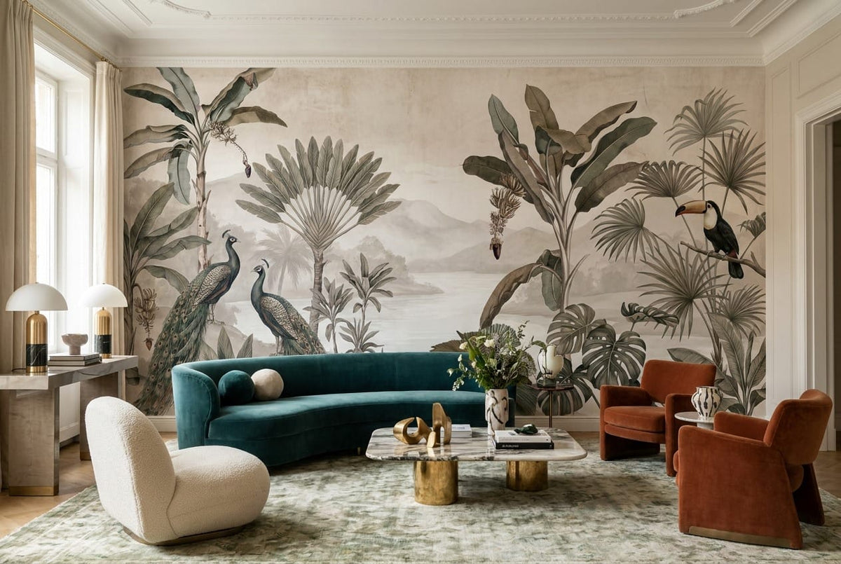 Peacock and Toucan Gray Jungle Wallpaper Mural in gray