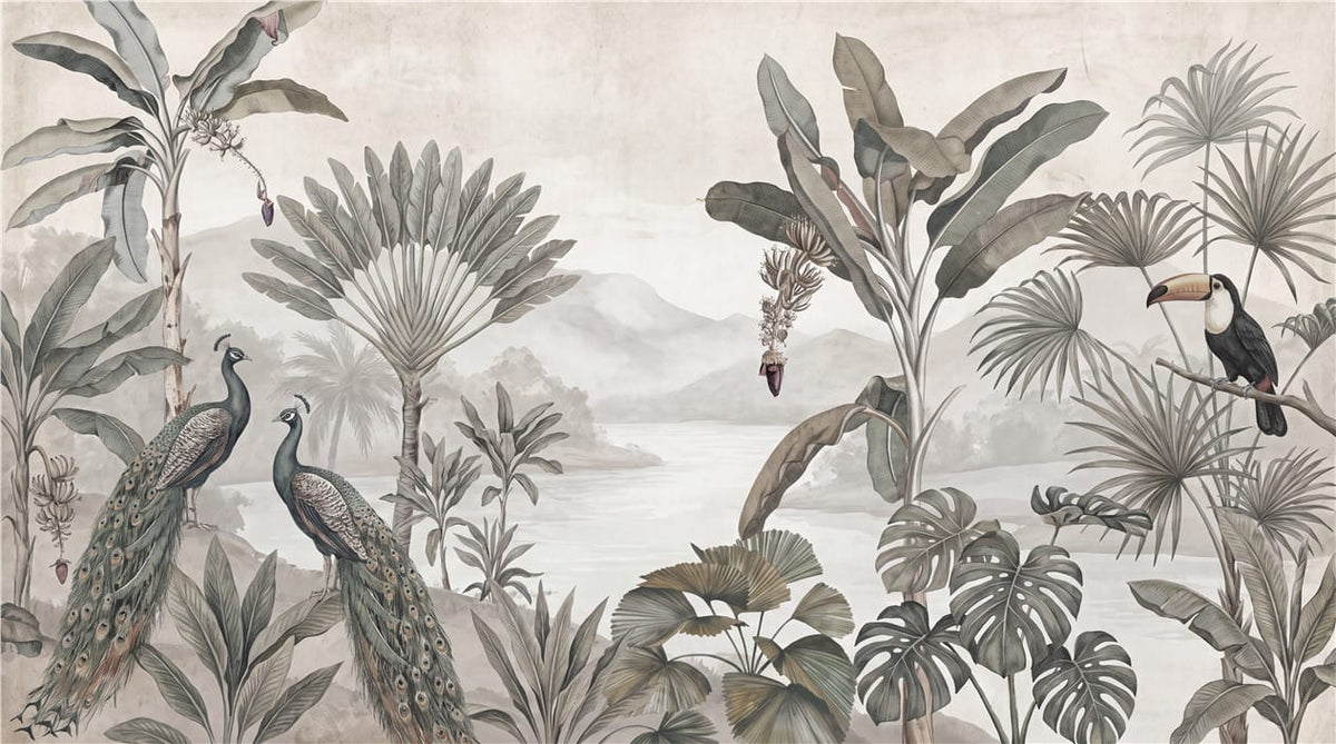 Peacock and Toucan Gray Jungle Wallpaper Mural in gray