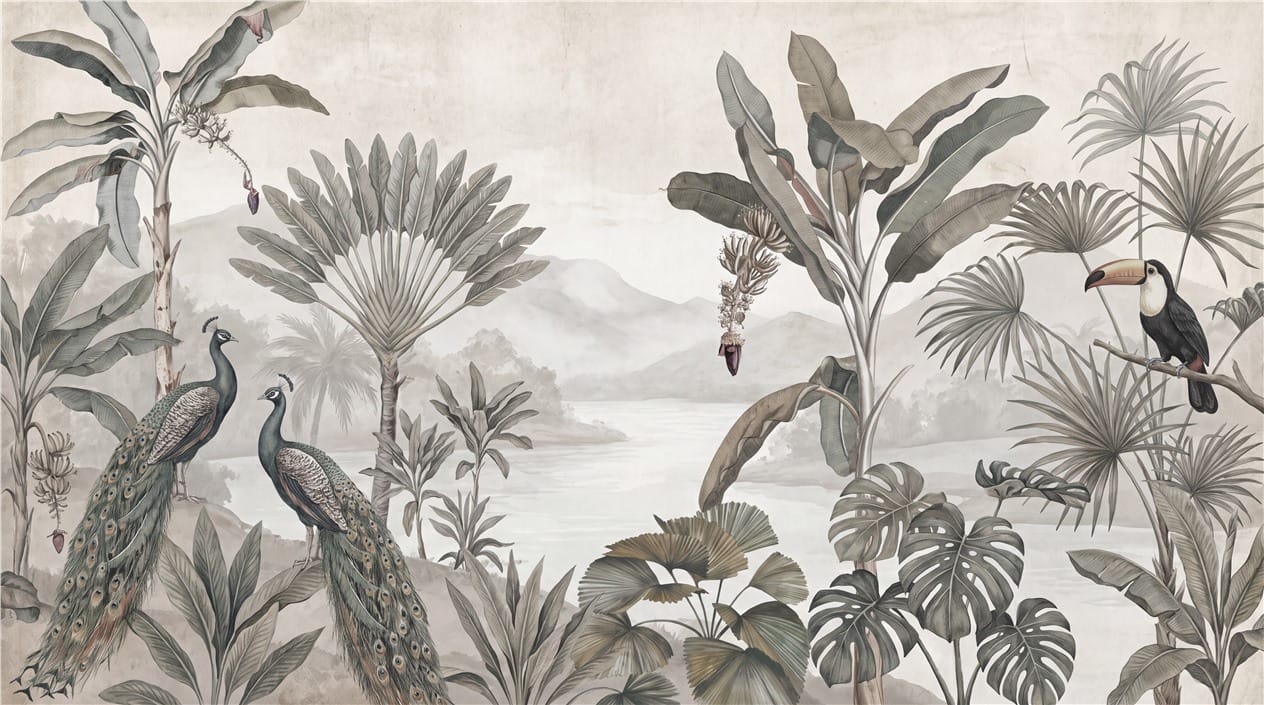 Peacock and Toucan Gray Jungle Wallpaper Mural