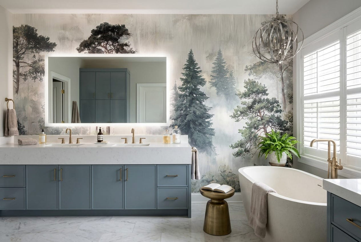 Misty gray pine tree wallpaper mural in a bathroom