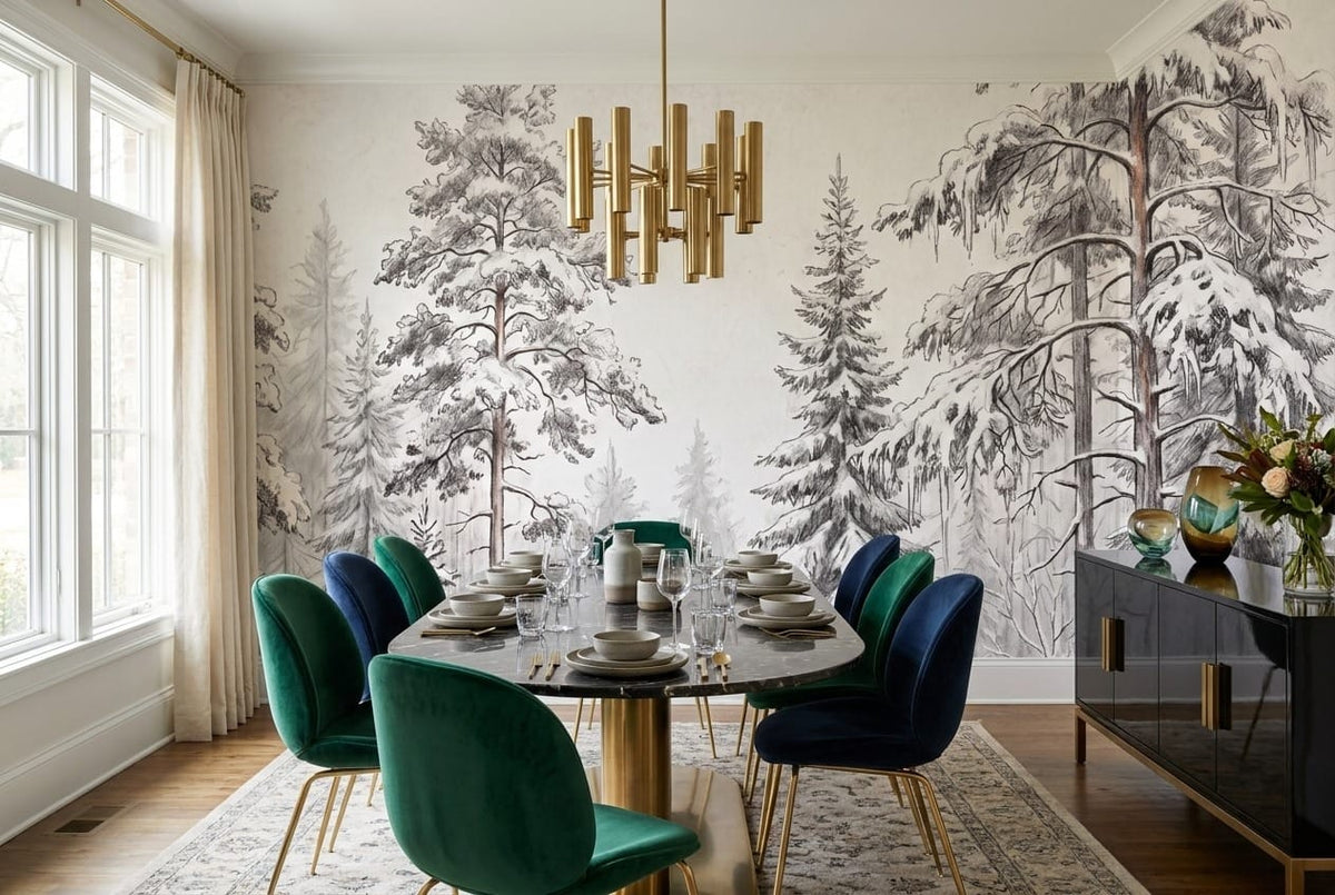 Snowy Gray Pencil Sketch Nordic Pine Tree Wallpaper Mural in gray