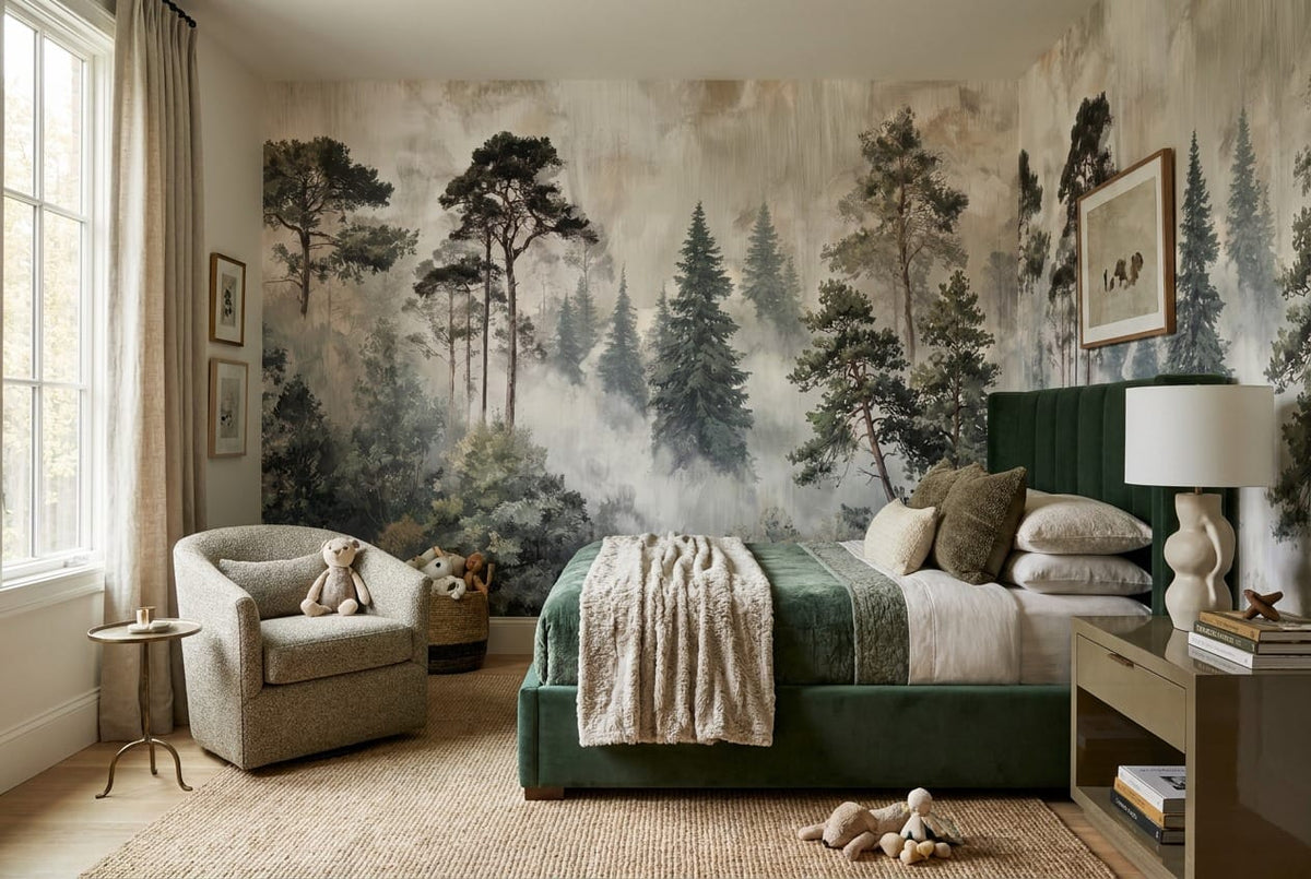 Misty gray pine tree wallpaper mural in a kids room