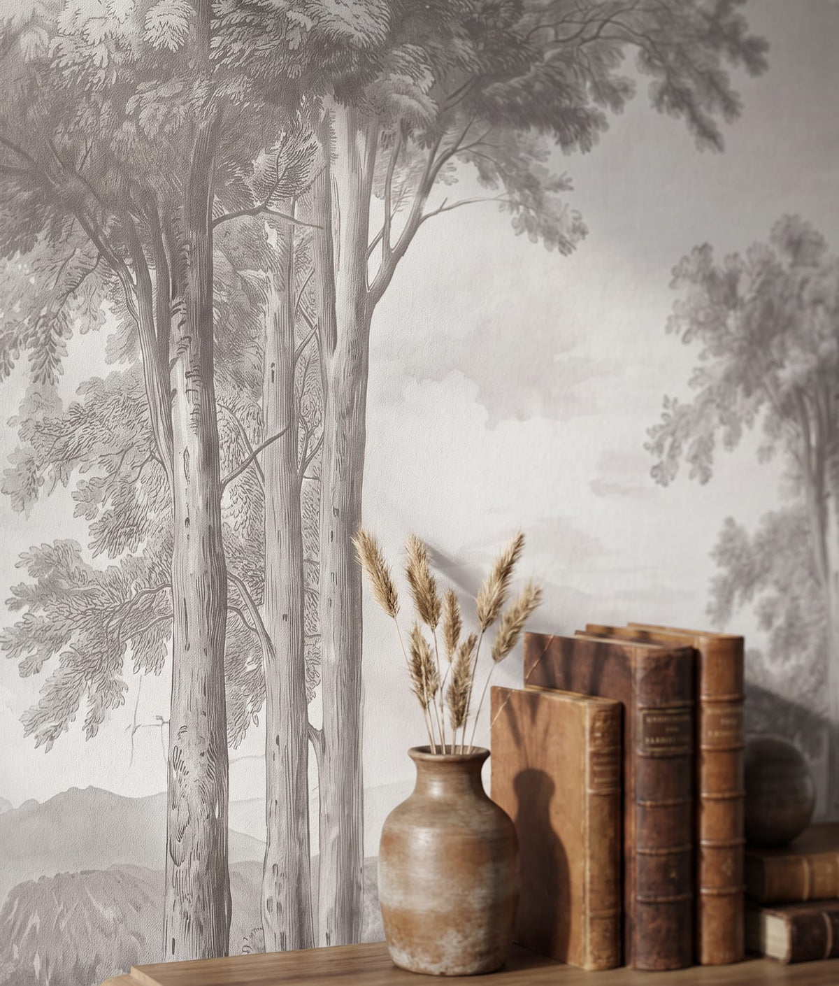 Misty Monochrome Forest Landscape Mural Wallpaper