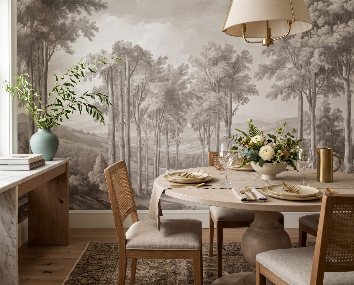 Misty Monochrome Forest Landscape Mural Wallpaper