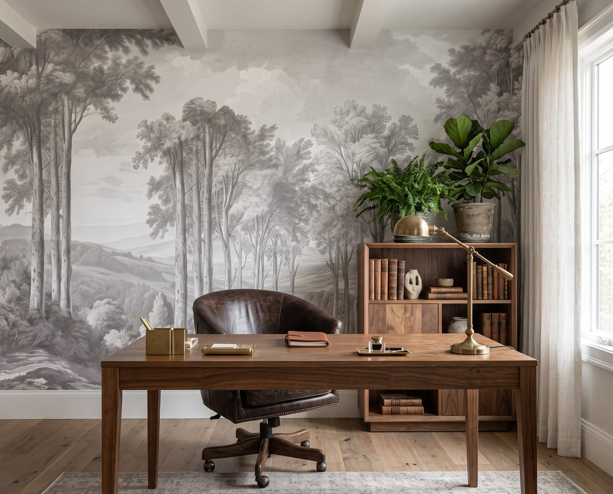 Misty Monochrome Forest Landscape Mural Wallpaper