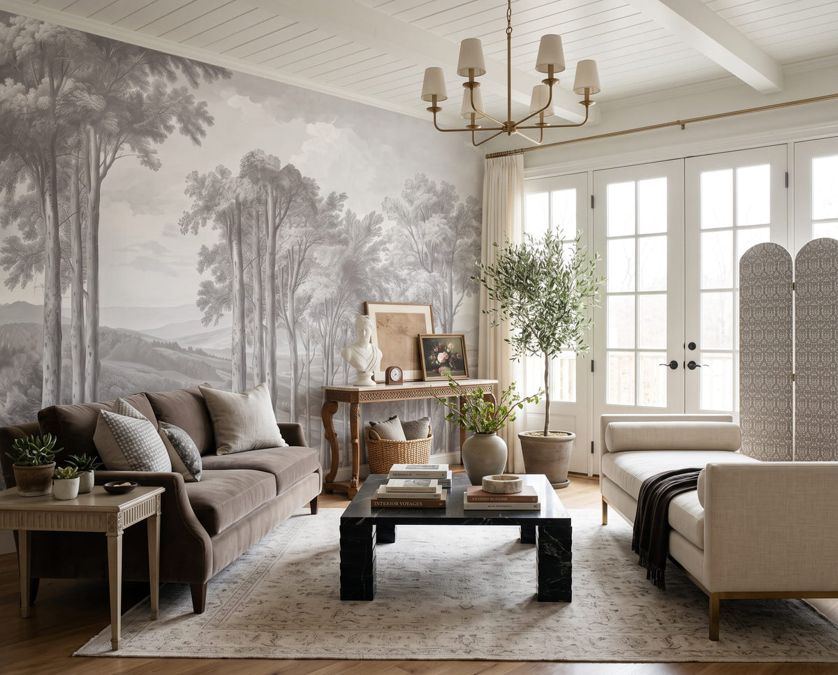Misty Monochrome Forest Landscape Mural Wallpaper