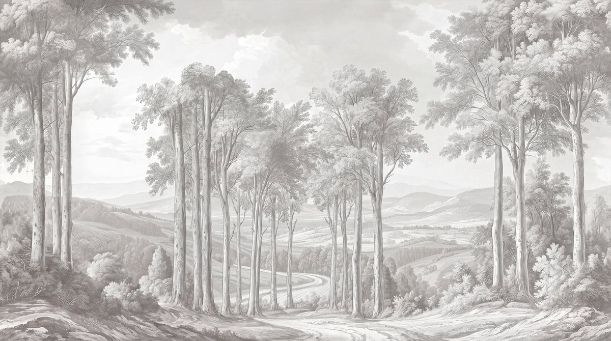 Misty Monochrome Forest Landscape Mural Wallpaper