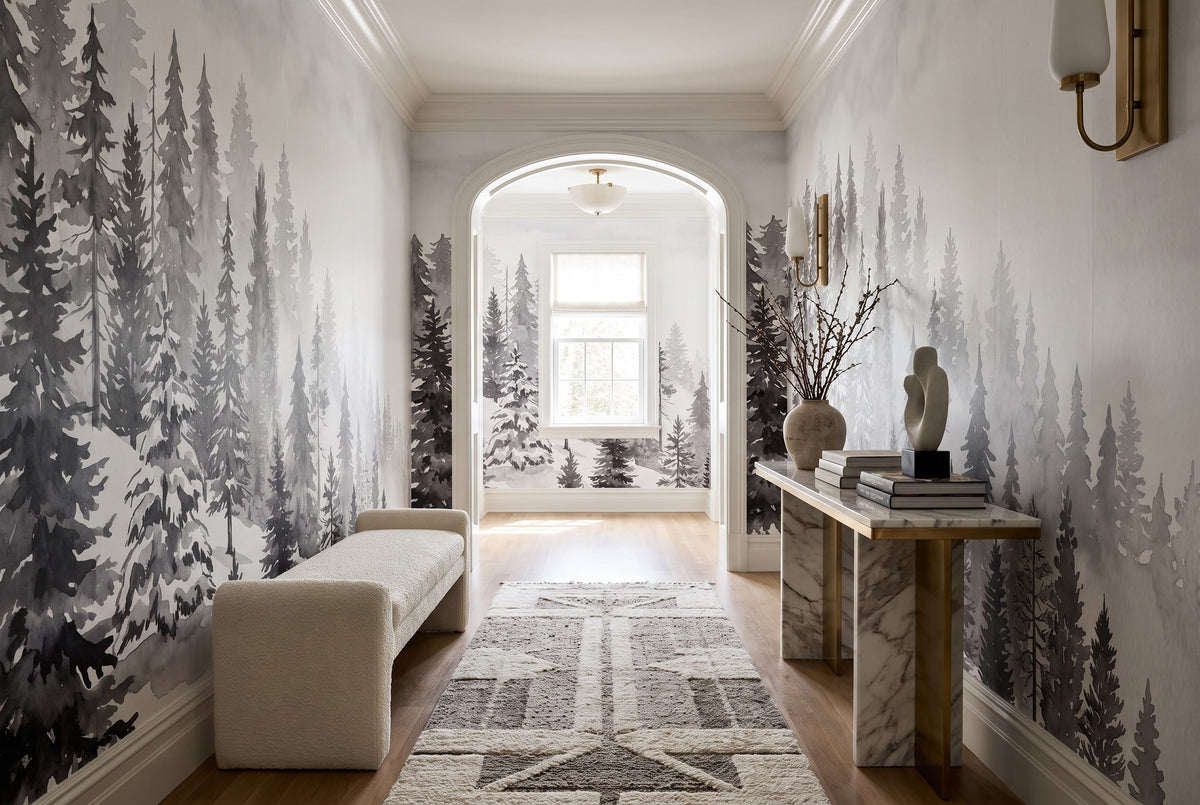 Dreamy Snow Gray Nordic Pine Winter Forest Wallpaper Mural in gray