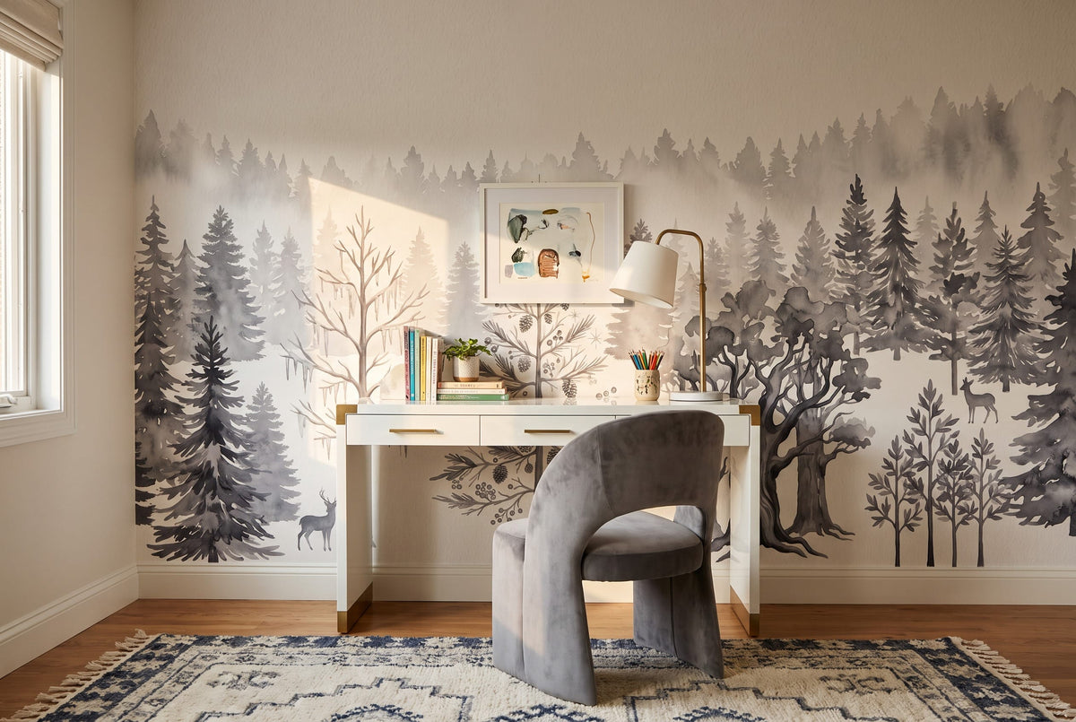 Mysterious Ice Gray Nordic Winter Forest Wallpaper Mural in gray