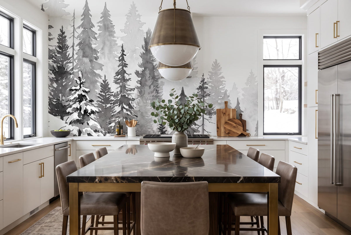 Dreamy Snow Gray Nordic Pine Winter Forest Wallpaper Mural in gray