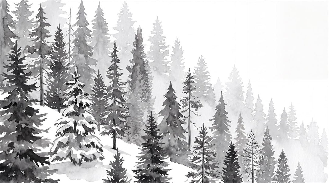 Dreamy Snow Gray Nordic Pine Winter Forest Wallpaper Mural in gray