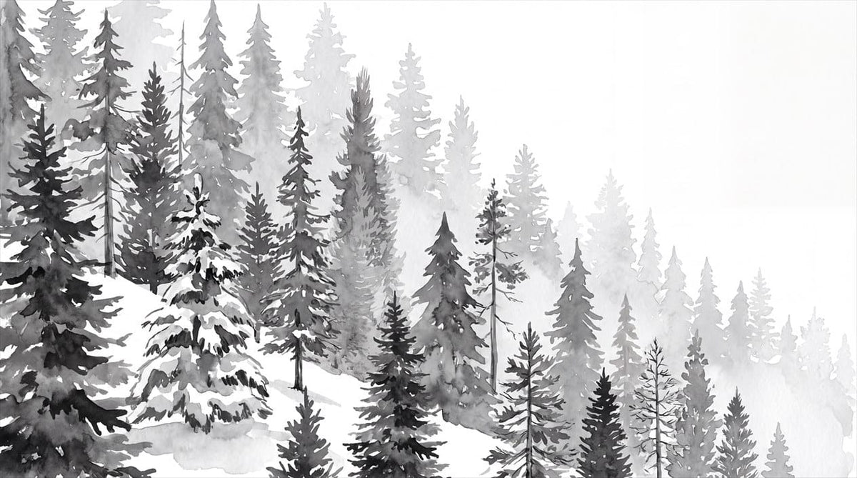 Dreamy Snow Gray Nordic Pine Winter Forest Wallpaper Mural in gray