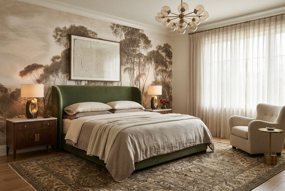 Earth Gray Hand Painted Tree Vintage Jungle Wallpaper Mural in gray