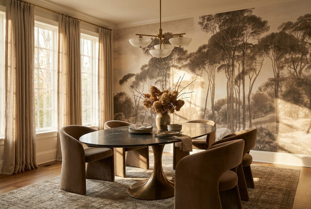 Earth Gray Hand Painted Tree Vintage Jungle Wallpaper Mural in gray