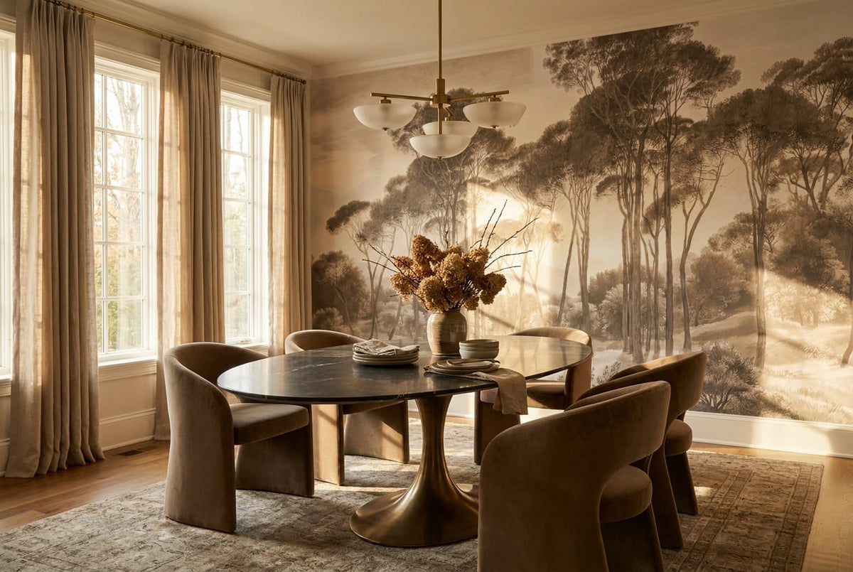 Earth Gray Hand Painted Tree Vintage Jungle Wallpaper Mural in gray