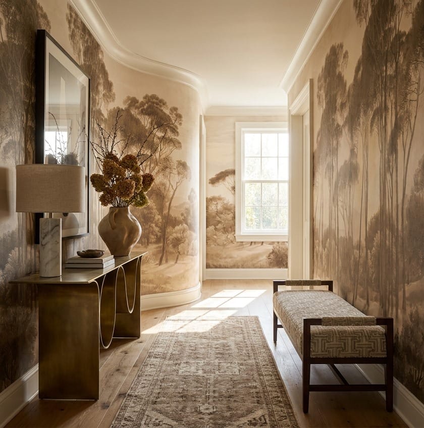 Earth Gray Hand Painted Tree Vintage Jungle Wallpaper Mural in gray