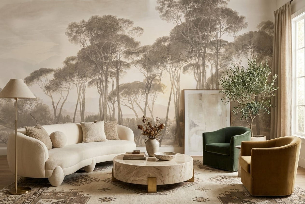 Earth Gray Hand Painted Tree Vintage Jungle Wallpaper Mural in gray