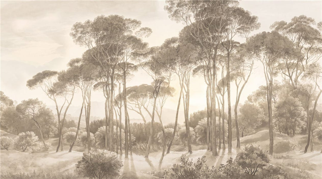 Earth Gray Hand Painted Tree Vintage Jungle Wallpaper Mural in gray