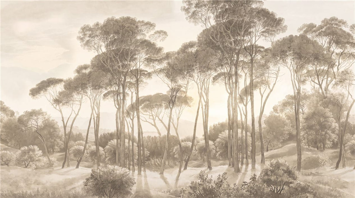Earth Gray Hand Painted Tree Vintage Jungle Wallpaper Mural in gray